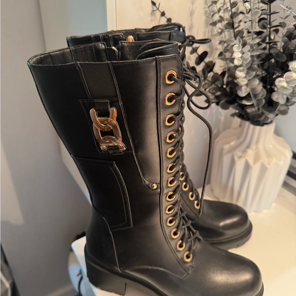 Black Lace-Up Boots with Chunky Sole and Gold Accents